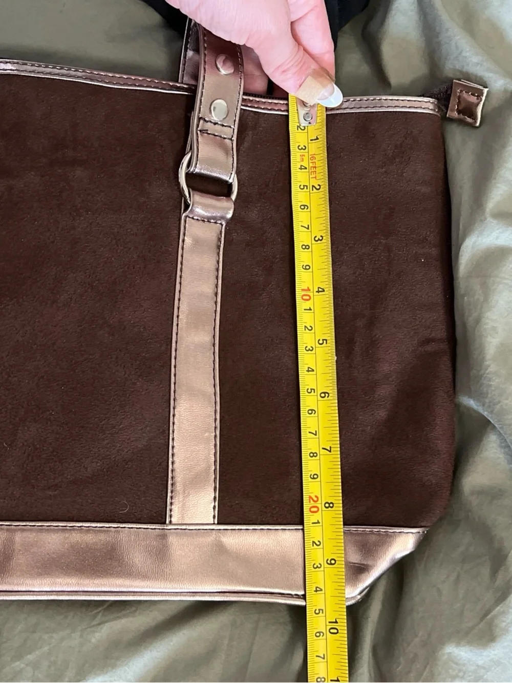 Metallic Rose Gold-Trim Brown Suede Tote Bag